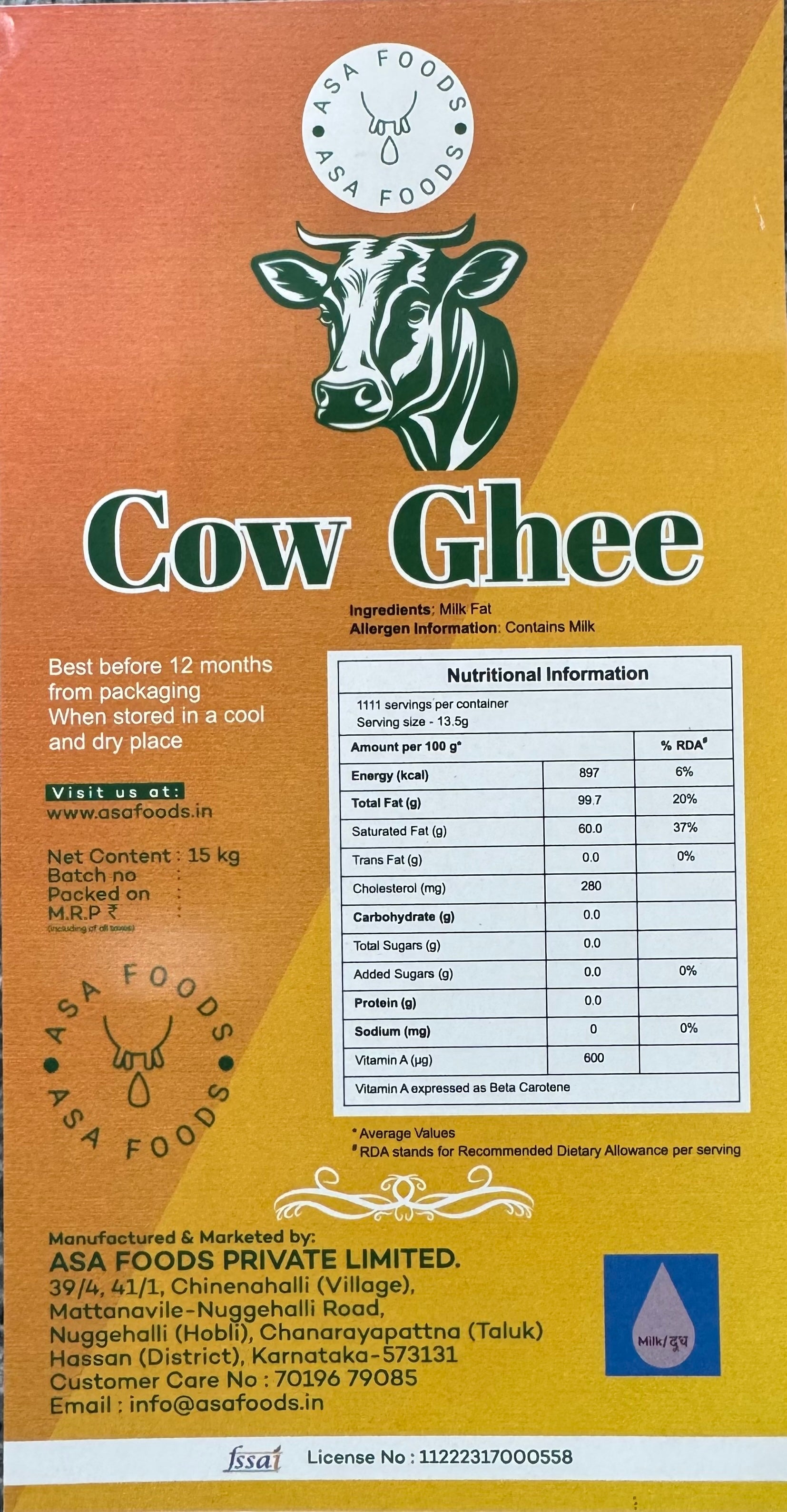PURE COW GHEE 15KGS TIN